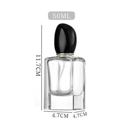 Garrafa de perfume de vidro quadrado com 50 ml de 100 ml de capacidade e tampa de forma irregular