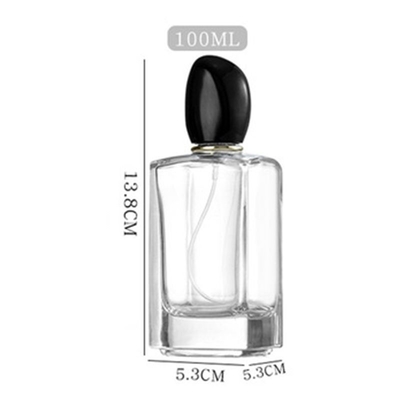 Garrafa de perfume de vidro quadrado com 50 ml de 100 ml de capacidade e tampa de forma irregular