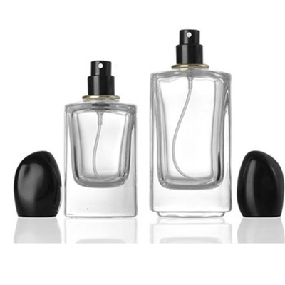 Garrafa de perfume de vidro quadrado com 50 ml de 100 ml de capacidade e tampa de forma irregular