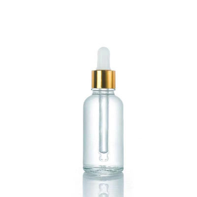 Wholesale Clear Glass Dropper Bottle with Aluminum Gold Skirt in 5ml-200ml Sizes and 10000pcs MOQ